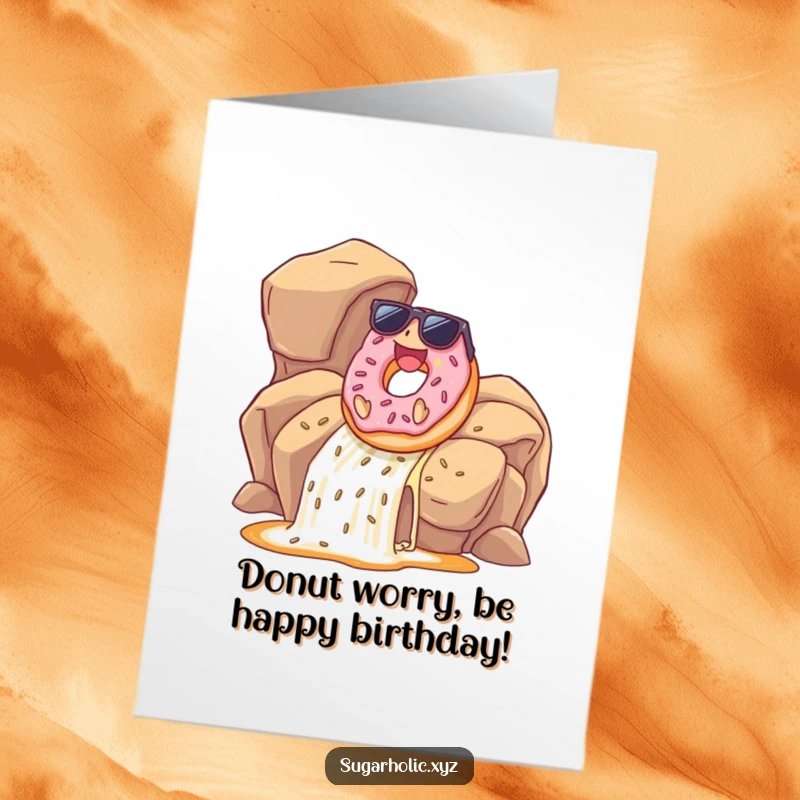 Funny Free Printable Birthday Card featuring a cool donut in sunglasses, having a blast sliding down a caramel waterfall.