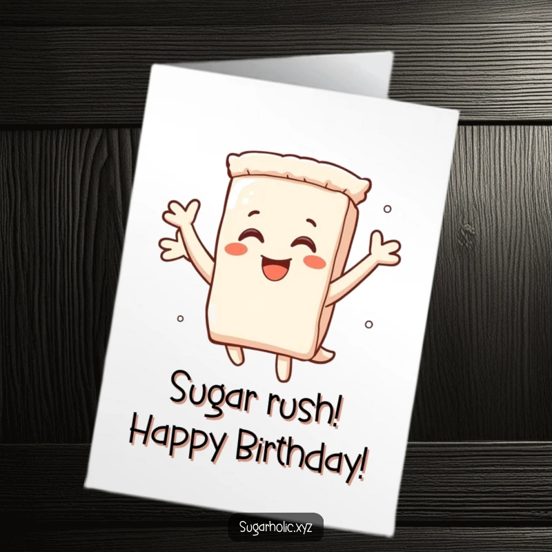 Funny free printable birthday card featuring a smiling sugar packet character leaping with boundless delight and energy.