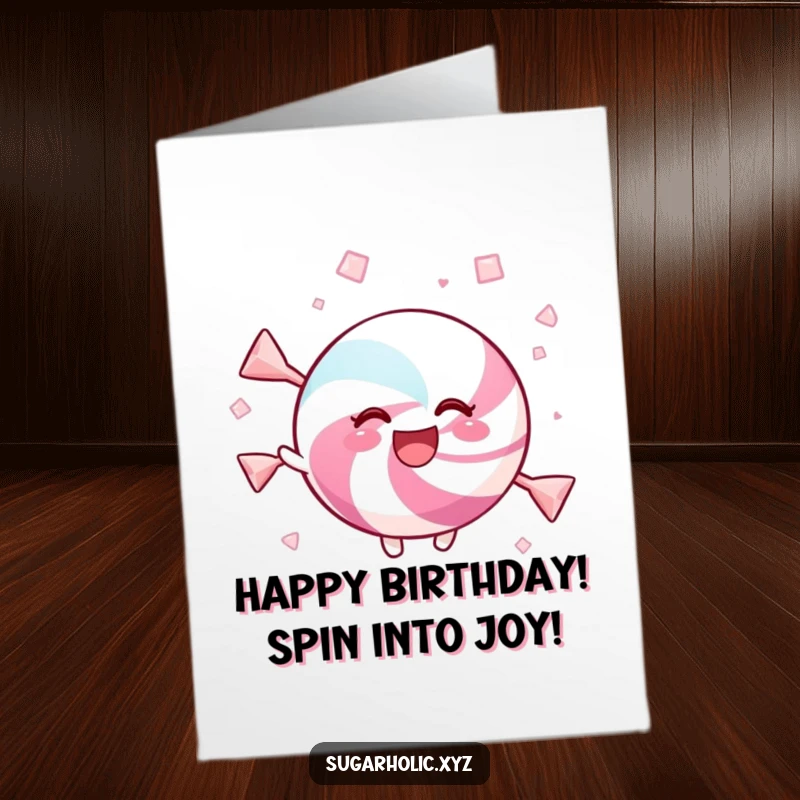 Funny Free Printable Birthday Card: A delighted candy piece twirls with pure joy amidst sparkling sweet crystals.