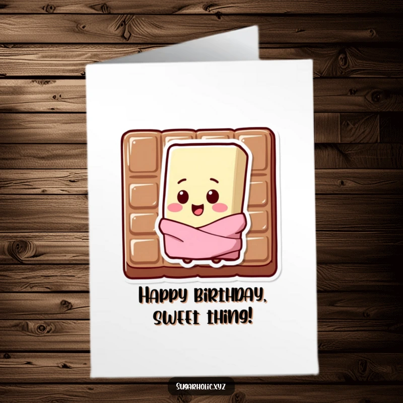 Funny Free Printable Chocolate Bar Birthday Card: A sweating chocolate bar with a chip on its shoulder offers a happy birthday wish.