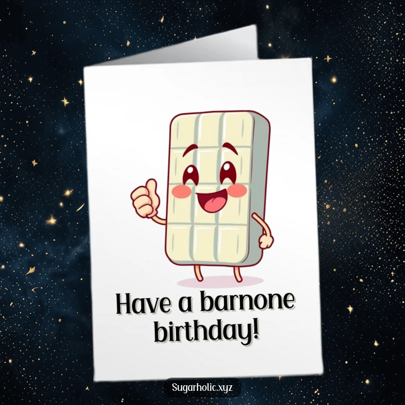 Funny Free Printable Birthday Card featuring a smiling chocolate bar character giving a victorious fist pump for a birthday celebration.