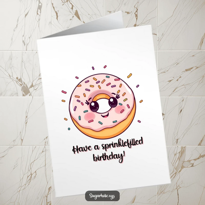 Funny Free Printable Birthday Card: A smiling donut character with colorful sprinkles exploding everywhere, celebrating a happy birthday.