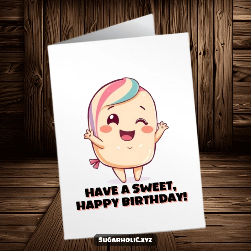 Funny Free Printable Birthday Card: A smiling piece of candy performing a wonderfully flamboyant curtsy for a happy birthday.