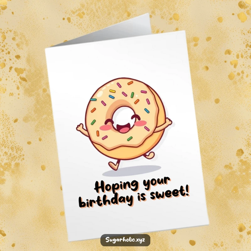 Funny Free Printable Birthday Card featuring a smiling donut with colorful sprinkles joyfully hopping.
