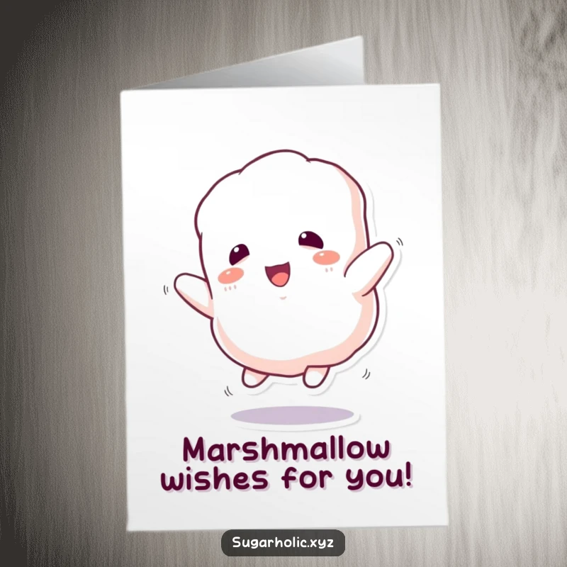 Free Printable Birthday Card: Fluffy marshmallow character bounces with pure joy, ideal for a DIY birthday gift.