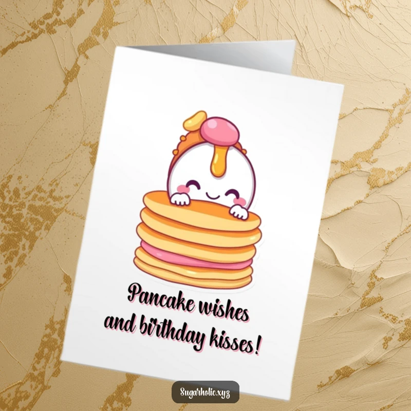 Funny free printable birthday card showing a smiling candy character peeking out from behind a tall stack of fluffy pancakes.