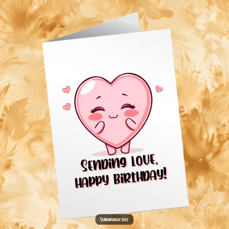 Free Printable Birthday Card: Candy heart character with rosy cheeks blows kisses, a sweet DIY birthday gift.