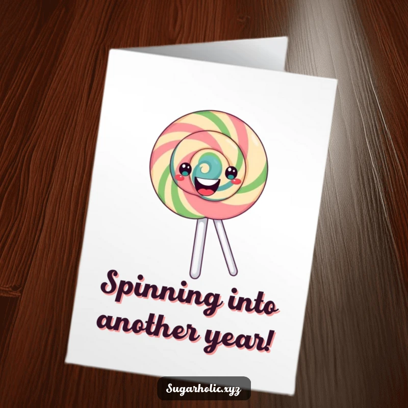Funny Free Printable Birthday Card: A happy, colorful lollipop with a swirling pattern joyfully spinning around, embodying sweet celebration.