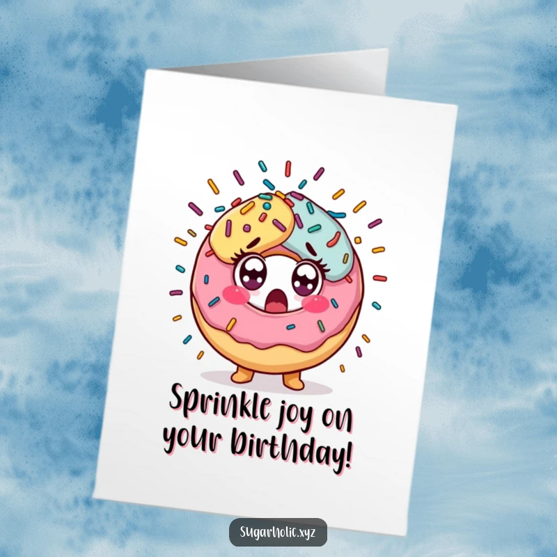 Funny Free Printable Birthday Card: A donut with wide, surprised eyes recoiling from a massive explosion of colorful sprinkles, pure shock.