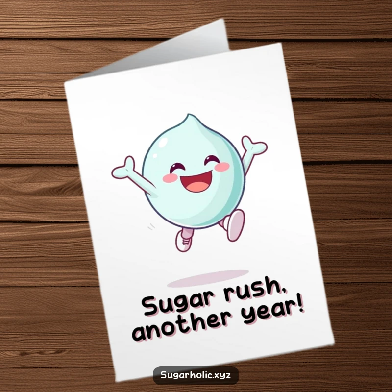 Funny Free Printable Birthday Card: Grinning candy character mid-leap, radiating pure, contagious sugary excitement, ready to party.