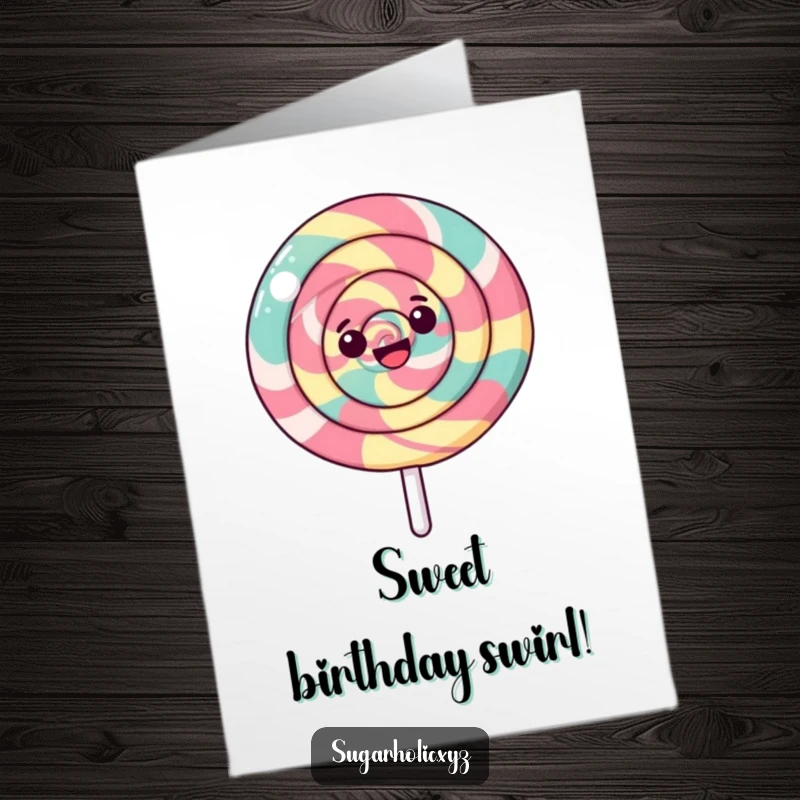 Funny free printable birthday card featuring a happy, spinning lollipop with a swirling pattern, a sweet and fun gift.