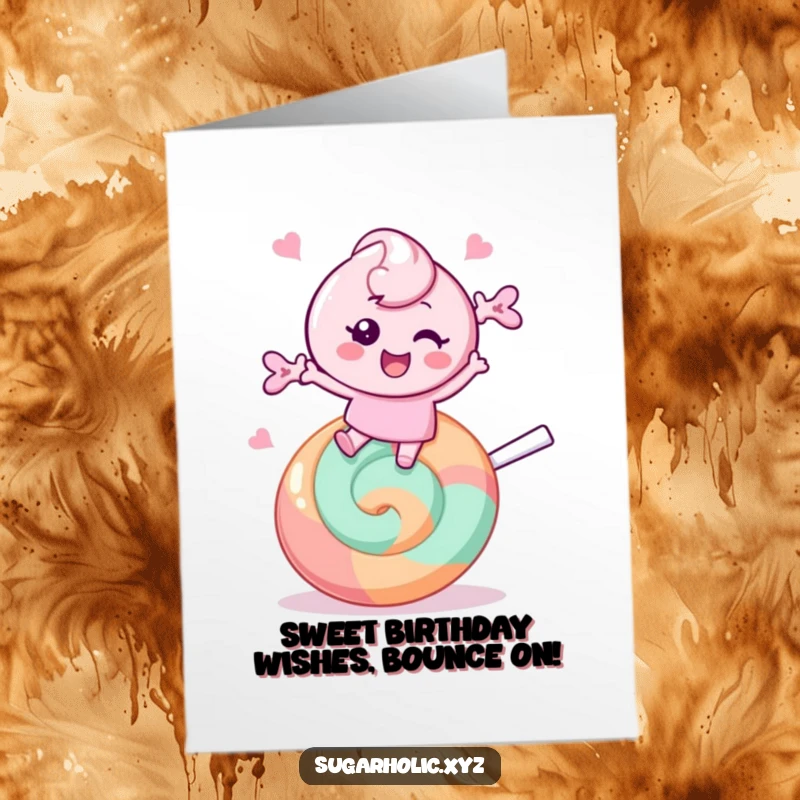 Funny Free Printable Birthday Card: A cheerful candy character gleefully bounces high on a giant lollipop, spreading birthday cheer.