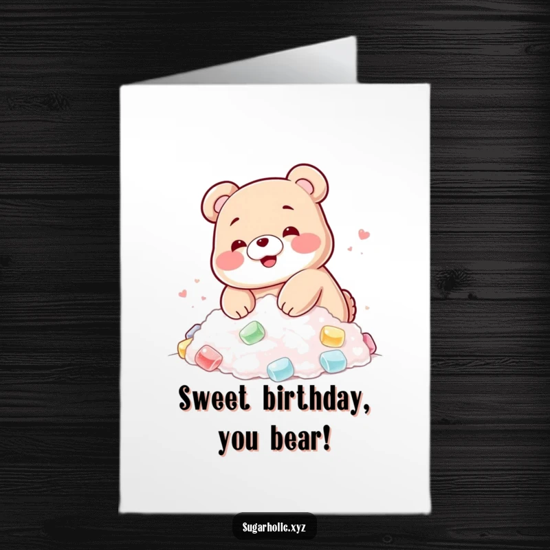 Funny Free Printable Birthday Card: A blushing gummy bear happily diving into a pile of sugar, perfect for a fun downloadable gift.