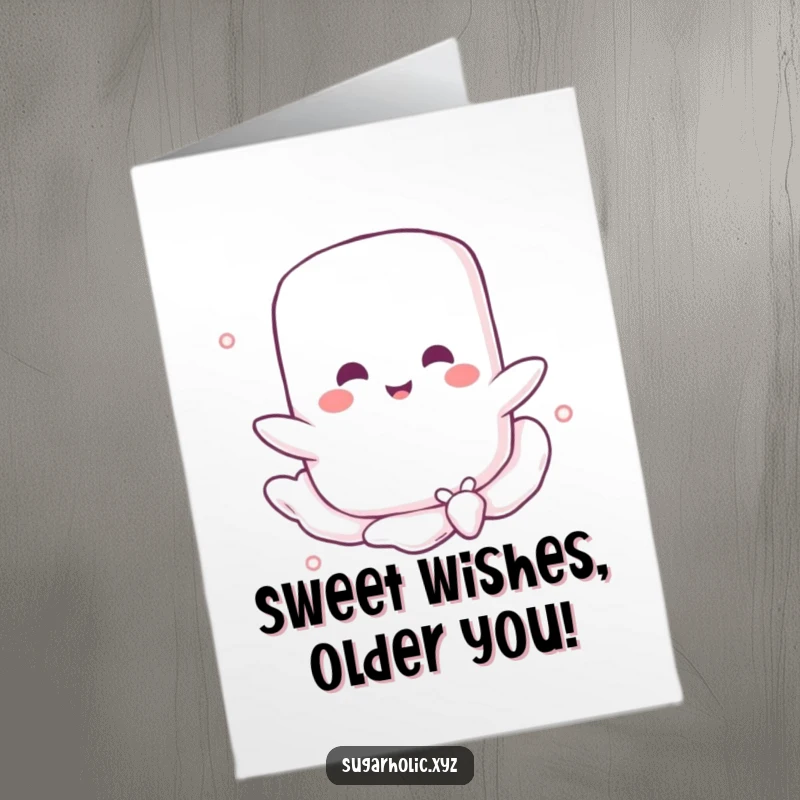 Funny Free Printable Birthday Card featuring a happy marshmallow floating on a sugary breeze, spreading cheer and sweetness.