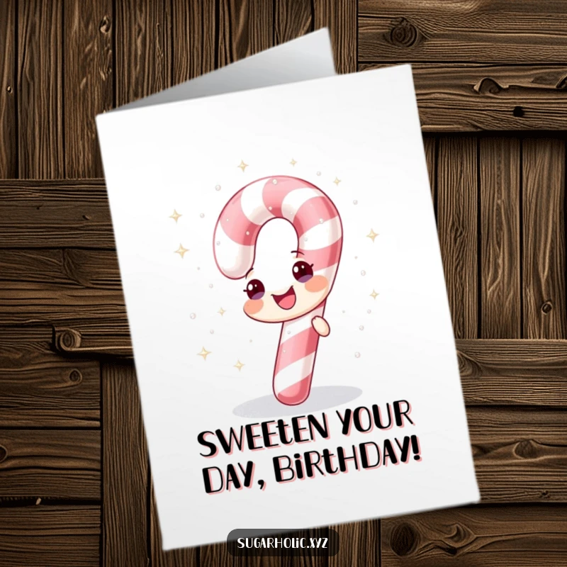 Funny Free Printable Birthday Card: A cheerful candy cane showering itself with sparkling sugar, perfect for a festive downloadable gift.