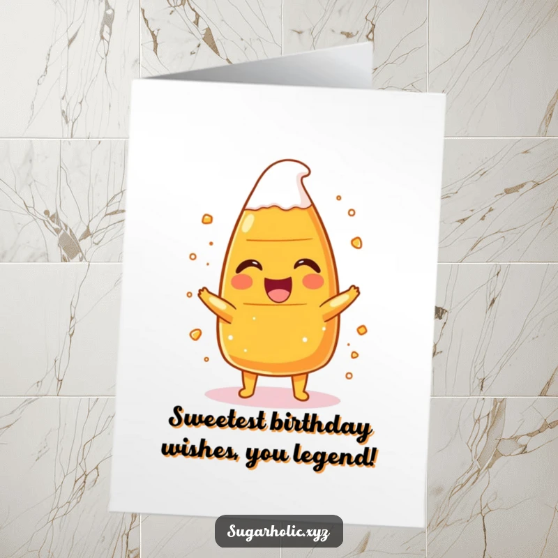 Funny free printable birthday card featuring a candy corn character joyfully laughing as sugar dusts its form.