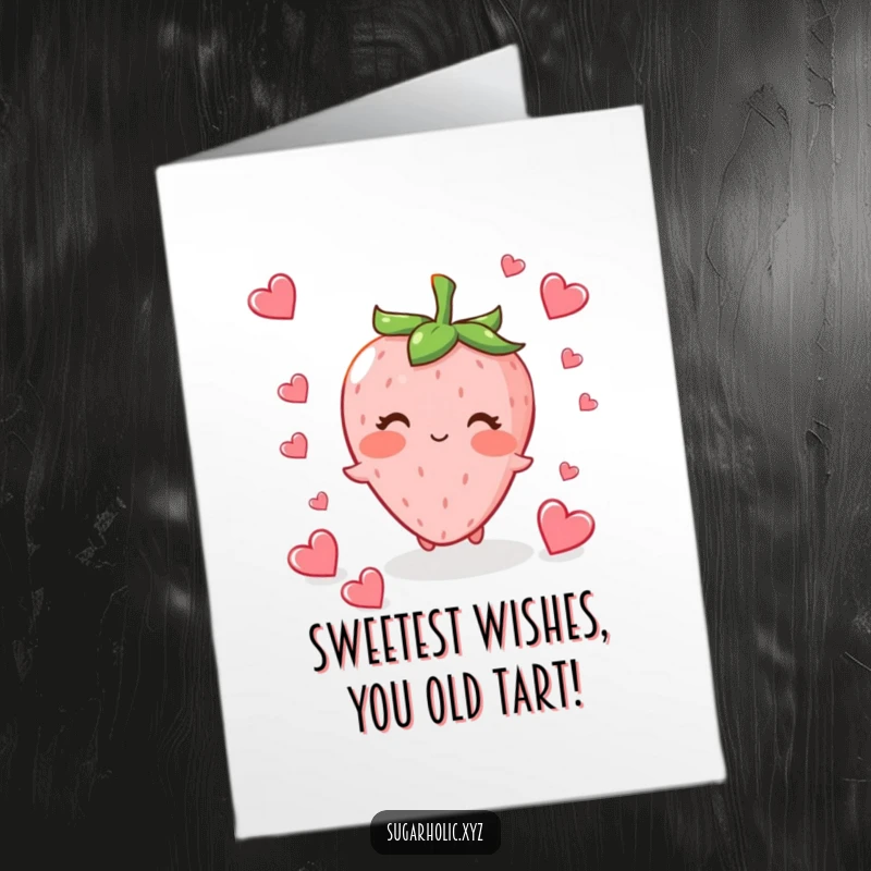 Funny Free Printable Birthday Card featuring a blushing strawberry character scattering tiny heart candies, perfect for a sweet celebration.