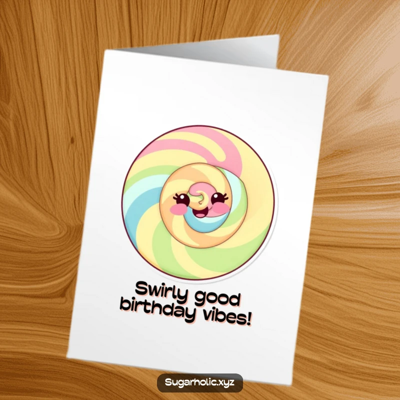 Funny Free Printable Birthday Card: Delighted candy swirl with a playful smile, ready to spin into birthday festivities.