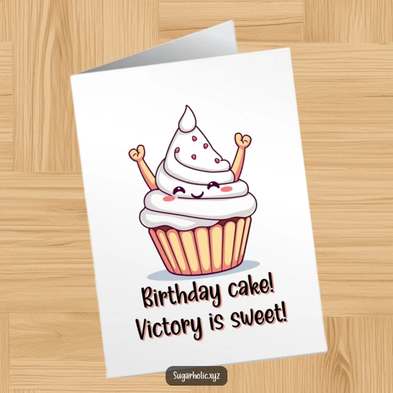 Funny Free Printable Birthday Card: Triumphant cupcake with a proud smile offers a majestic mountain of sugar.