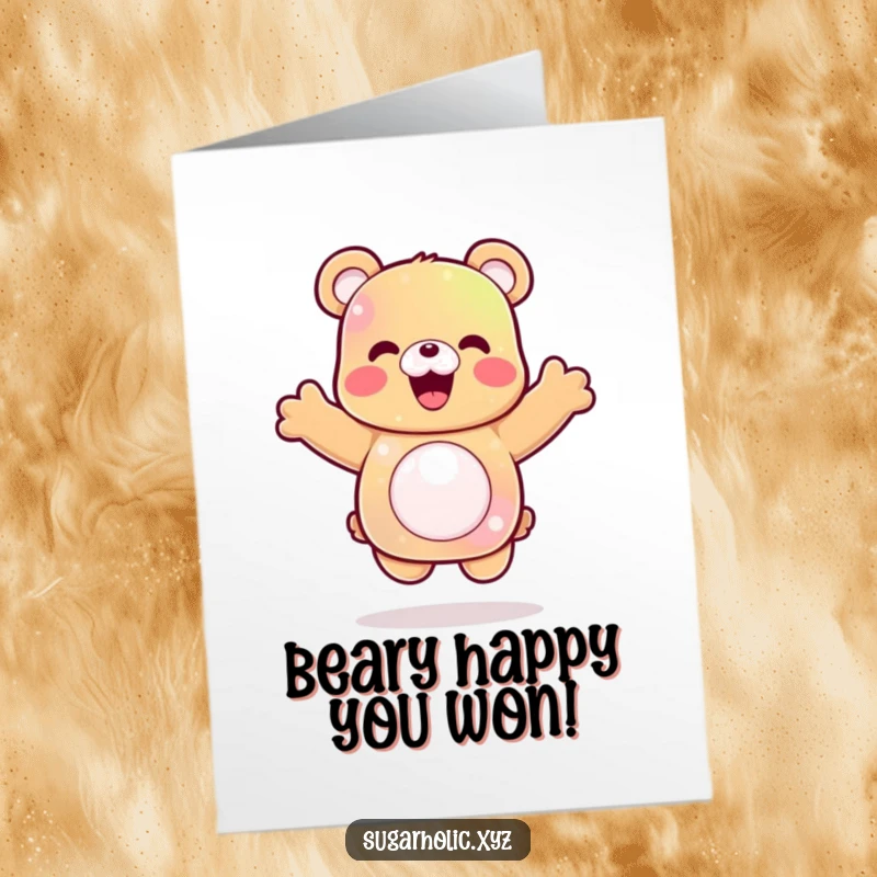 Funny Free Printable Congratulations Card showing a delighted gummy bear in mid-air during a celebratory jump.