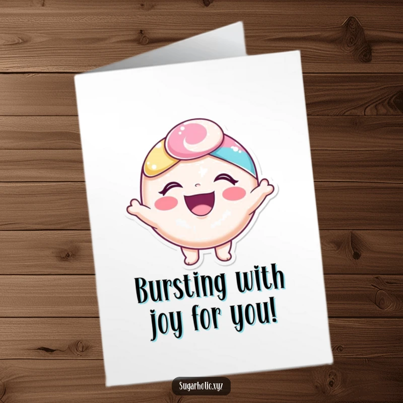 Funny free printable congratulations card featuring a happy candy character bursting with delight and joy.