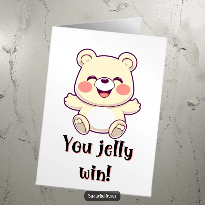 Funny Free Printable Congrats Card: A grinning gummy bear caught mid-bounce, expressing energetic and enthusiastic congratulations.
