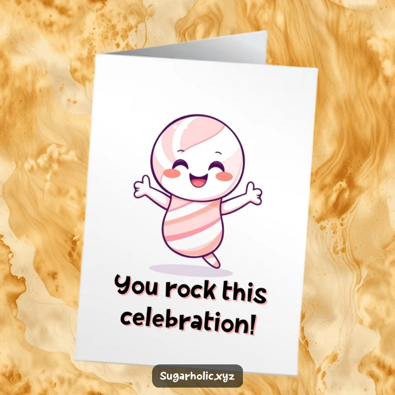 Funny Free Printable Congratulations Card: Smiling candy cane character performing a joyful shimmy, celebrating any achievement.