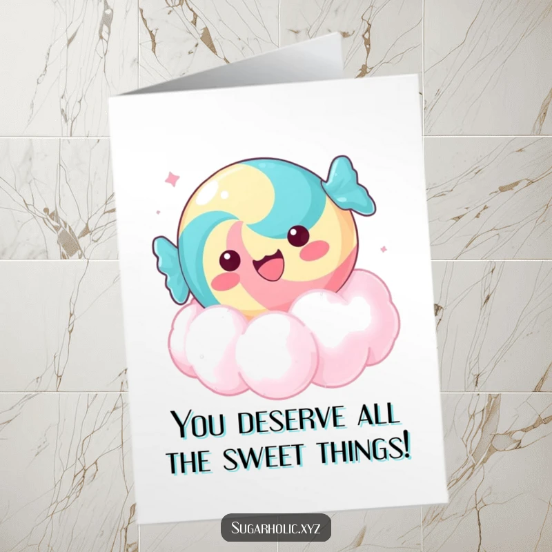 Funny Free Printable Congratulations Card: Delighted candy piece floating on a cloud of sugar, celebrating blissful achievements.