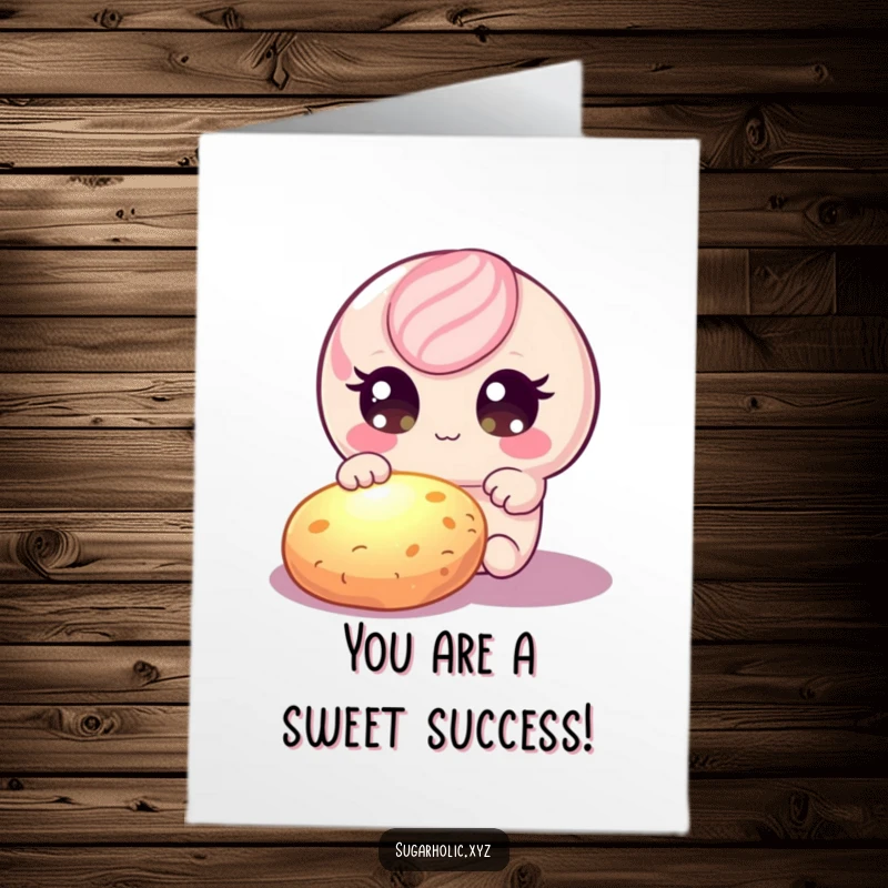 Funny Free Printable Congratulations Card: A candy character's shimmering eyes are fixed on a glowing cookie, representing a delicious win.