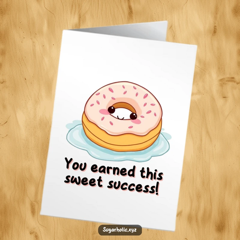 Funny free printable congratulations card showing a happy donut character swimming in a big pool of creamy frosting.