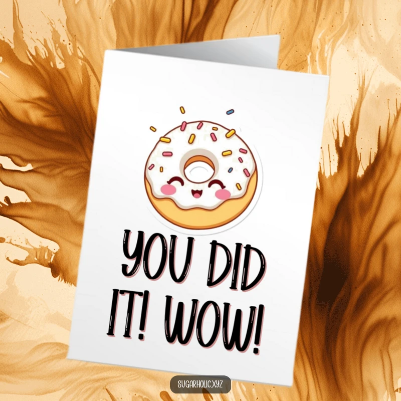 Funny Free Printable Congratulations Card: A wide-eyed donut character winks amidst a delightful shower of colorful sprinkles, celebrating a win.