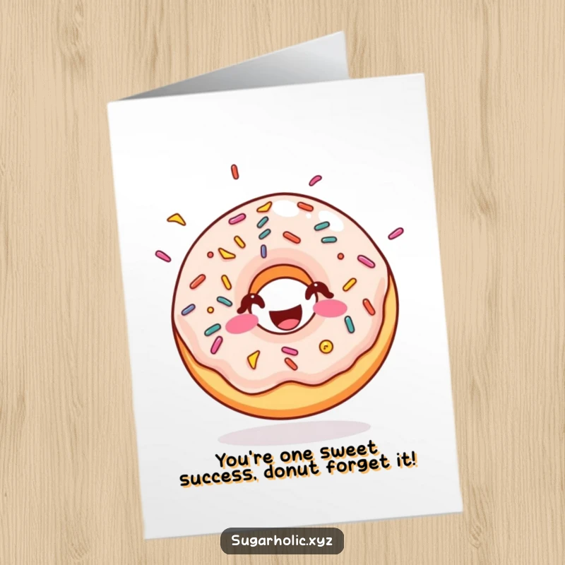 Funny Free Printable Congratulations Card: A joyful doughnut with sprinkles bounces high in celebration.