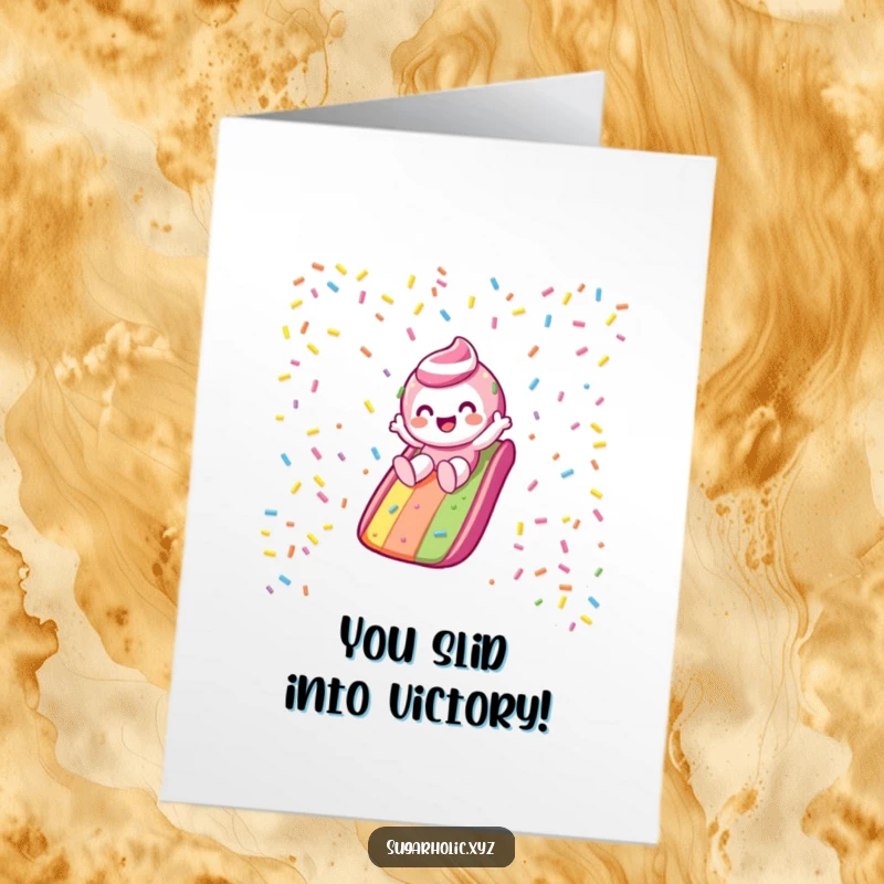 Funny Free Printable Congratulations Card: A candy character joyfully slides down a colorful rainbow sprinkle slide, celebrating a great achievement.