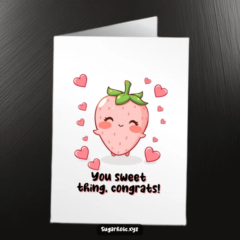 Funny Free Printable Congratulations Card showing a blushing strawberry character showering hearts, ideal for celebrating milestones.