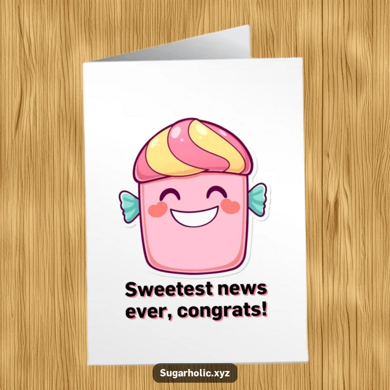 Funny Free Printable Congratulations Card showing a happy candy bar character beaming with a wide, sweet grin.