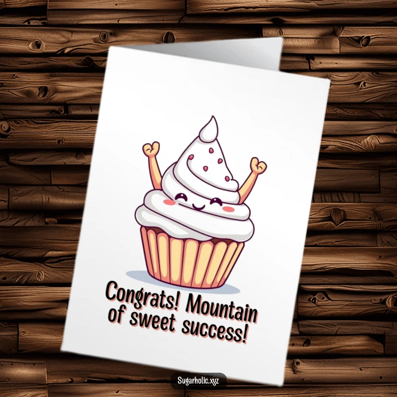 Funny Free Printable Congrats Card: A proud cupcake offers a towering sugar mountain, celebrating a sweet victory.