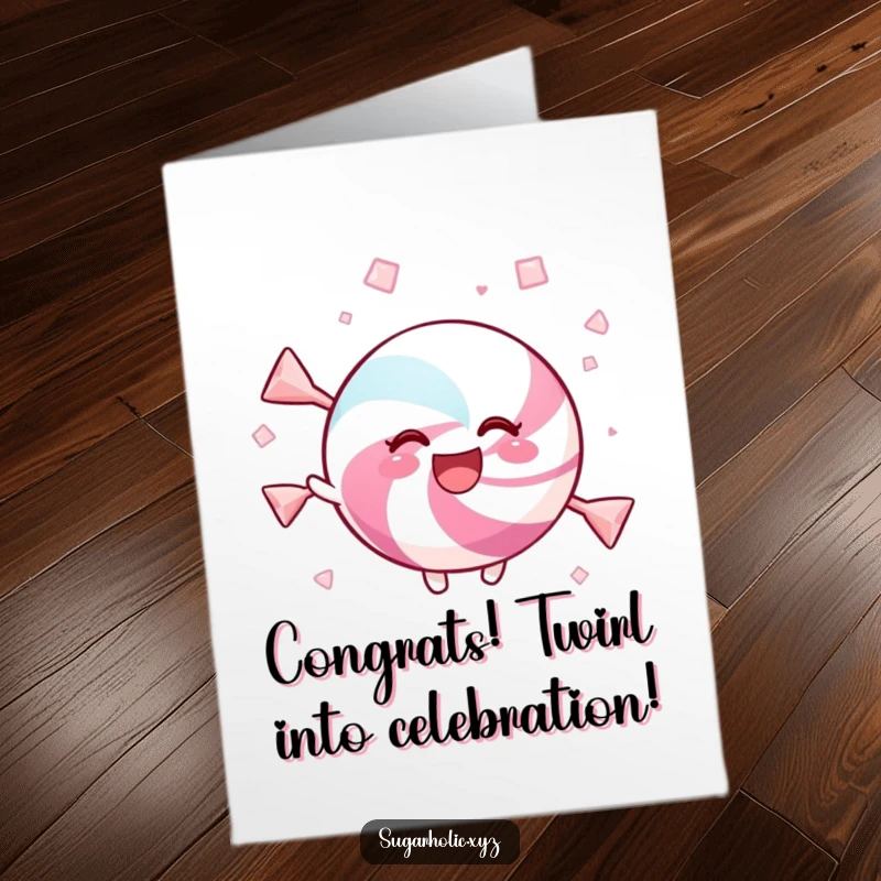 Funny Free Printable Congrats Card: A happy candy twirls joyfully surrounded by shimmering sweet crystals.