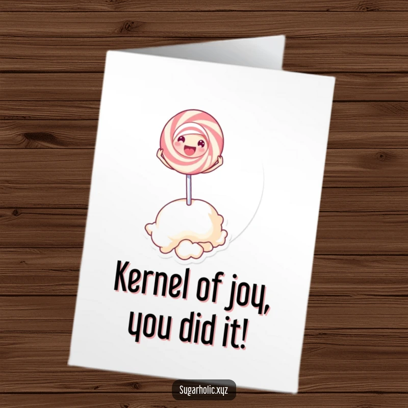 Funny free printable congratulations card showing a happy lollipop character bouncing enthusiastically on a massive popcorn kernel.