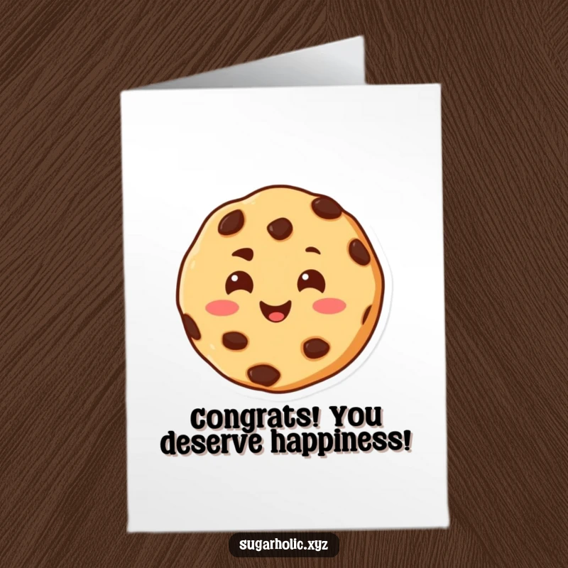 Funny free printable congratulations card showing a cheerful chocolate chip cookie character melting with pure joy.