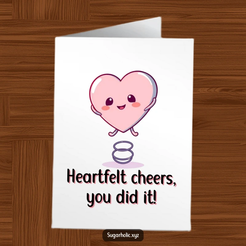 Funny Free Printable Congratulations Card: A cute candy heart character energetically bouncing on a spring to celebrate.