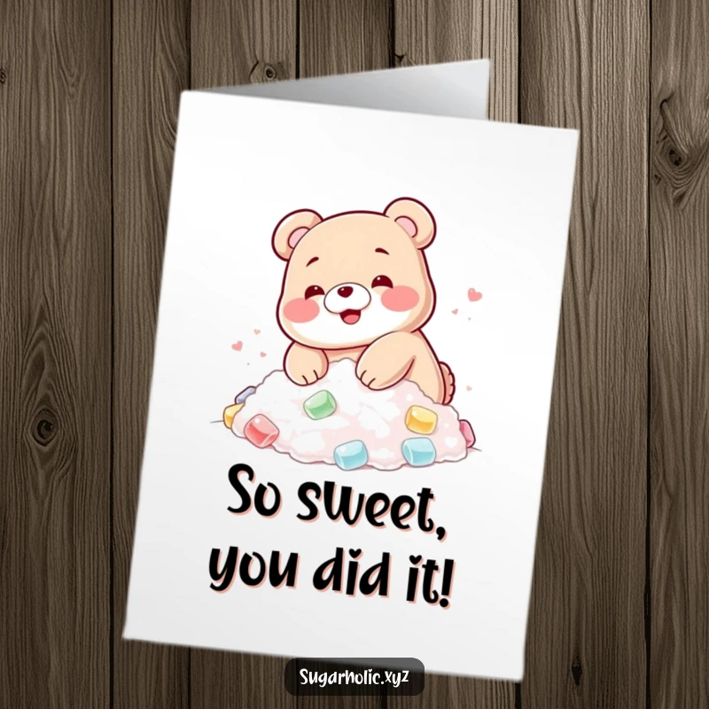 Funny Free Printable Congratulations Card: A blushing gummy bear happily diving into a pile of sugar, ideal for a sweet downloadable gift.