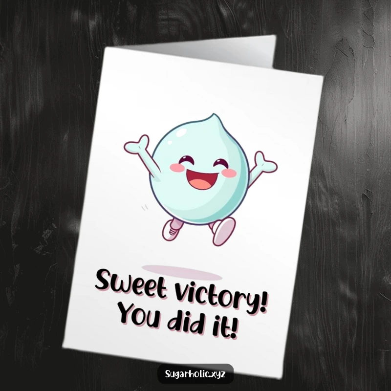 Funny Free Printable Congratulations Card: A grinning candy character joyfully leaping, embodying sweet success and excitement, perfect for celebrations.