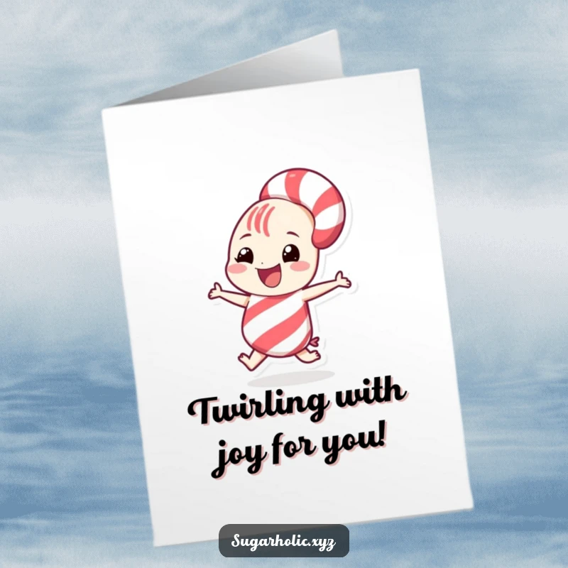 Funny Free Printable Congratulations Card: A grinning candy cane character does a playful spin, symbolizing a sweet victory and joyful success.