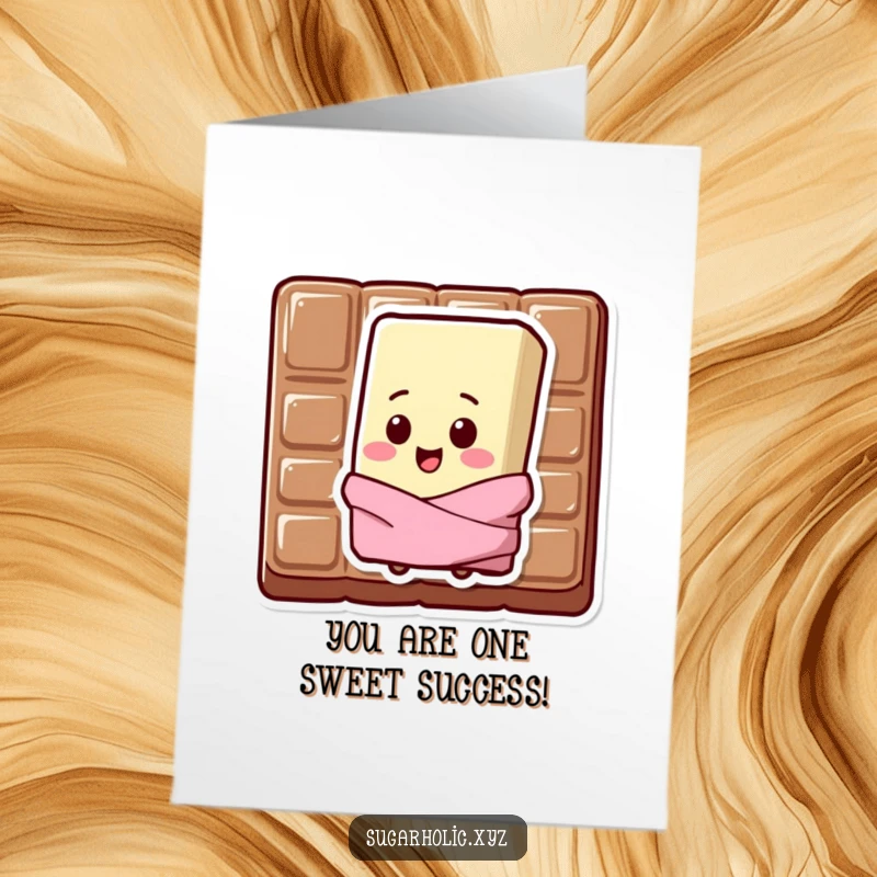 Funny Free Printable Chocolate Bar Congratulations Card: A sweating chocolate bar pretends to be happy about success, despite its chip on its shoulder.