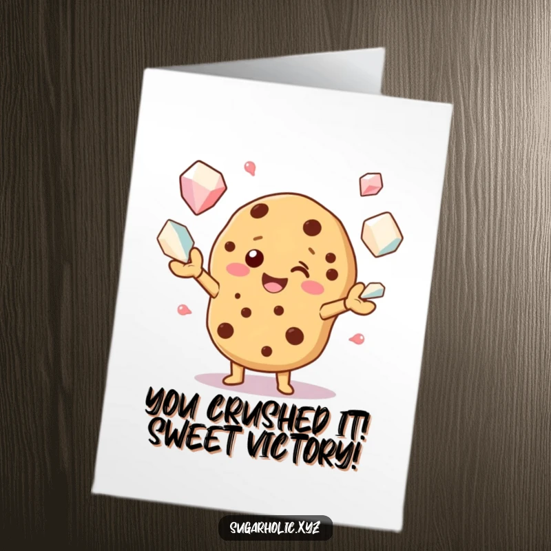 Funny Free Printable Congratulations Card: Cheerful cookie character expertly juggles sugar crystals, celebrating success with a sweet wink.