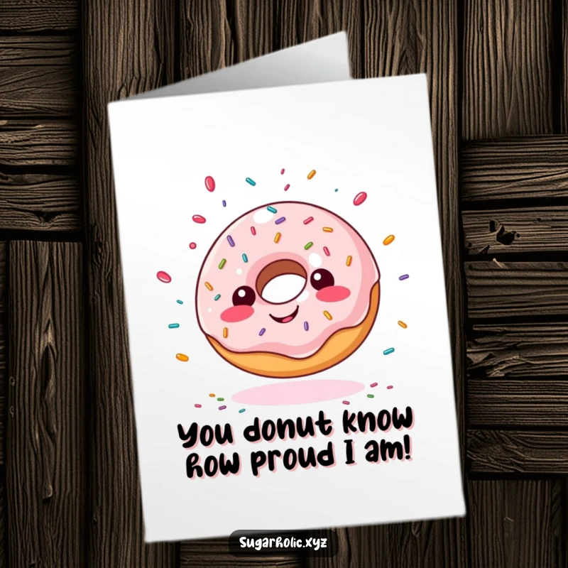 Funny Free Printable Congratulations Card: Giddy doughnut character with sprinkles flying everywhere, celebrating a sweet victory.