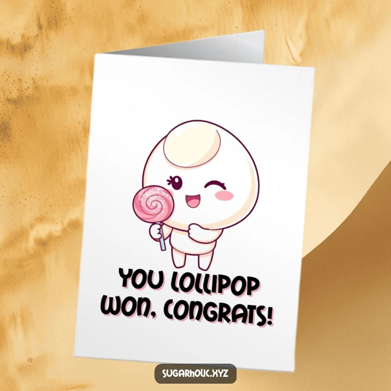 Funny free printable congratulations card showing a candy character giving a cheerful wink while holding a glittering lollipop.