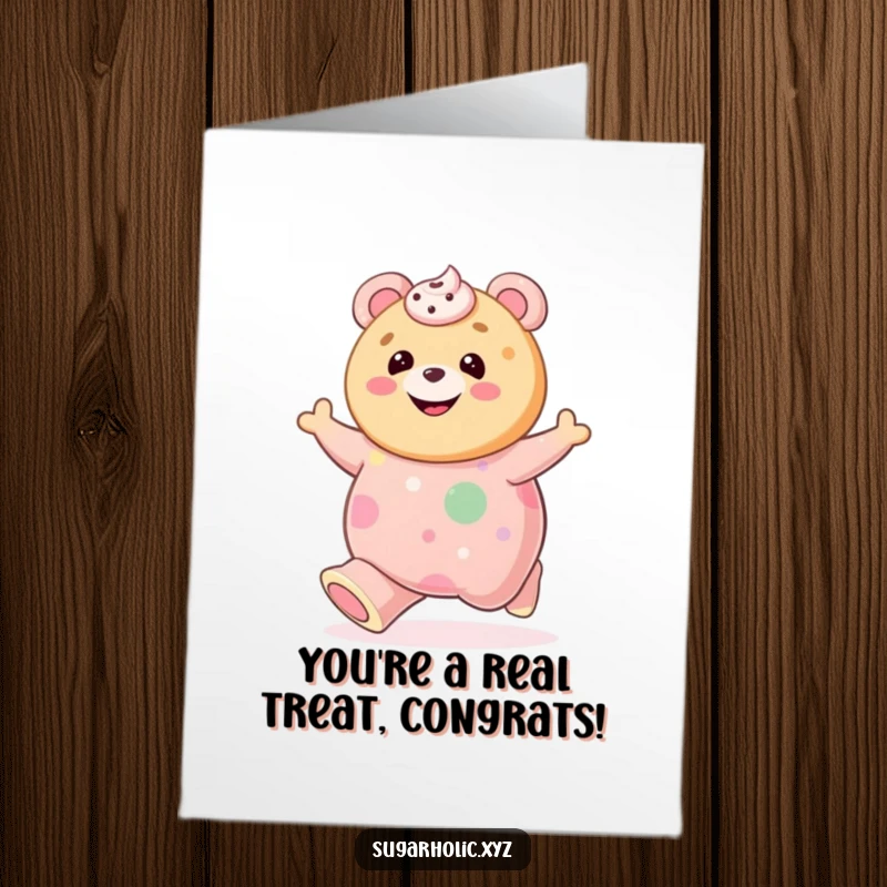 Free Printable Congratulations Card: A gleeful cookie bounces happily on a giant gummy bear, celebrating success with pure joy.