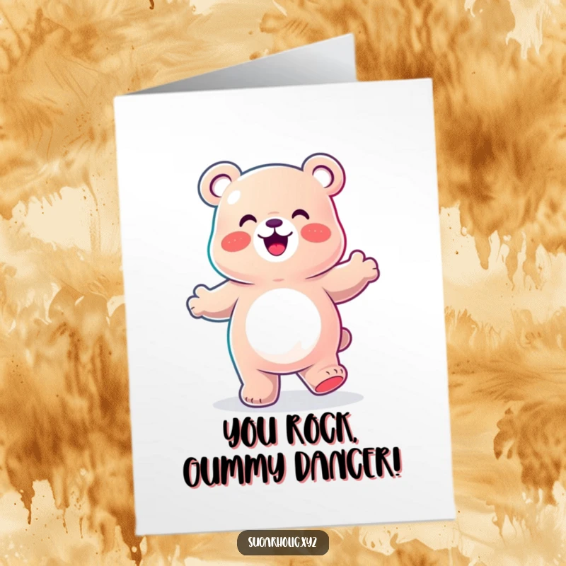 Funny Free Printable Congratulations Card: A gummy bear character doing an enthusiastic happy dance, celebrating a great success.