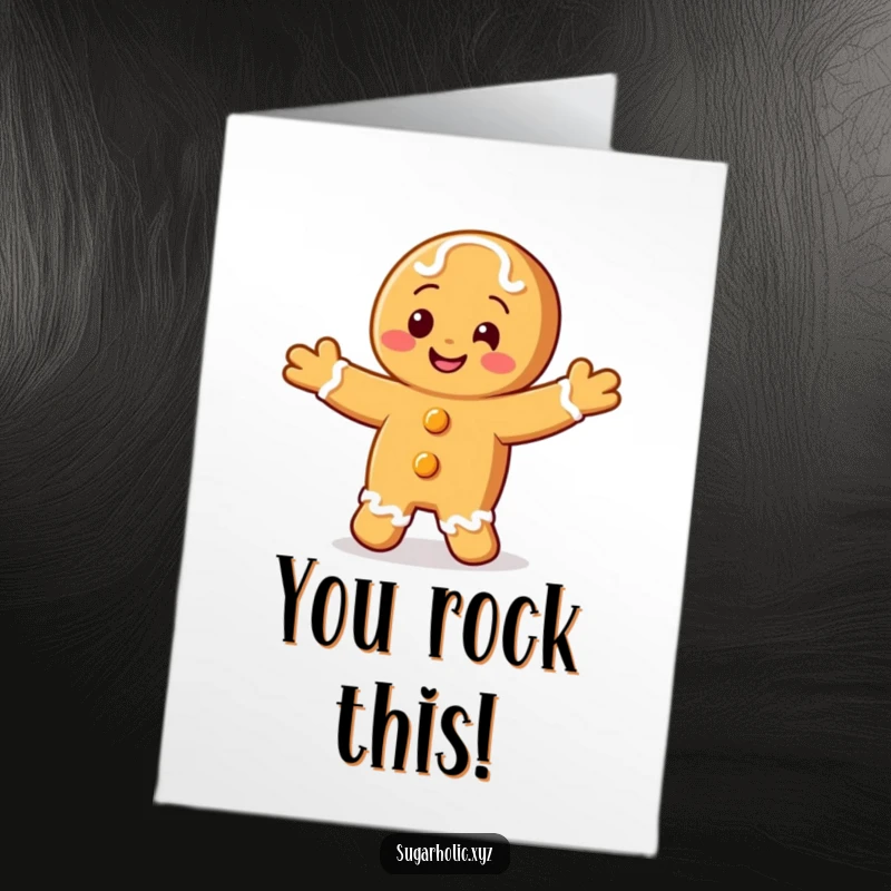 Funny Free Printable Congrats Card: A smiling gingerbread cookie character performing a jubilant happy jig to celebrate.